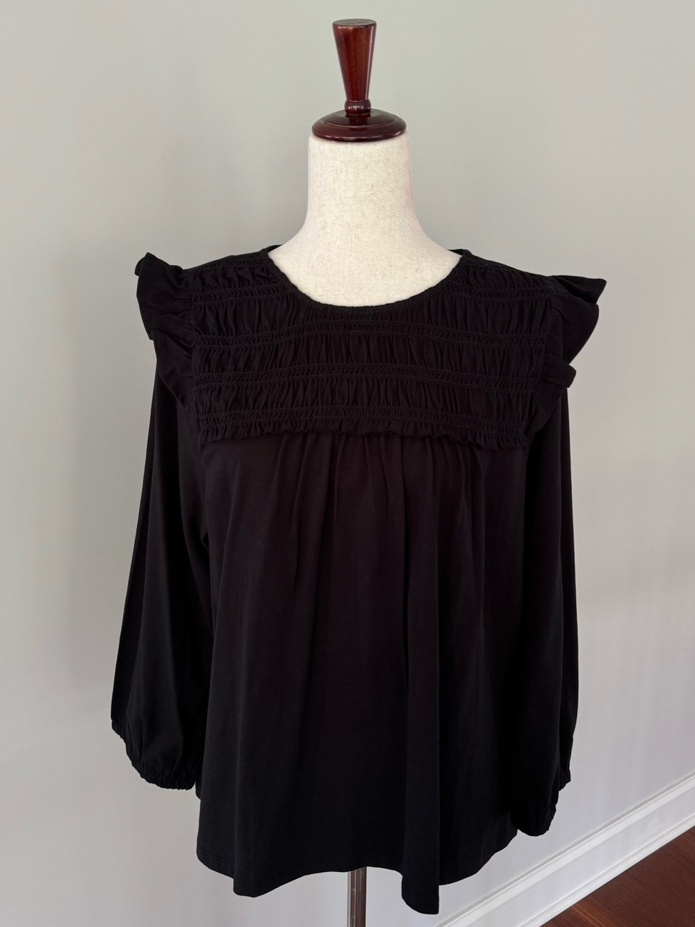 J. Crew Black Smocked Yoke Long Sleeve Top with Ruffled Shoulders